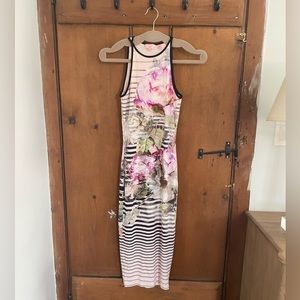 Sleeveless Pink Floral & Stripe Midi Dress